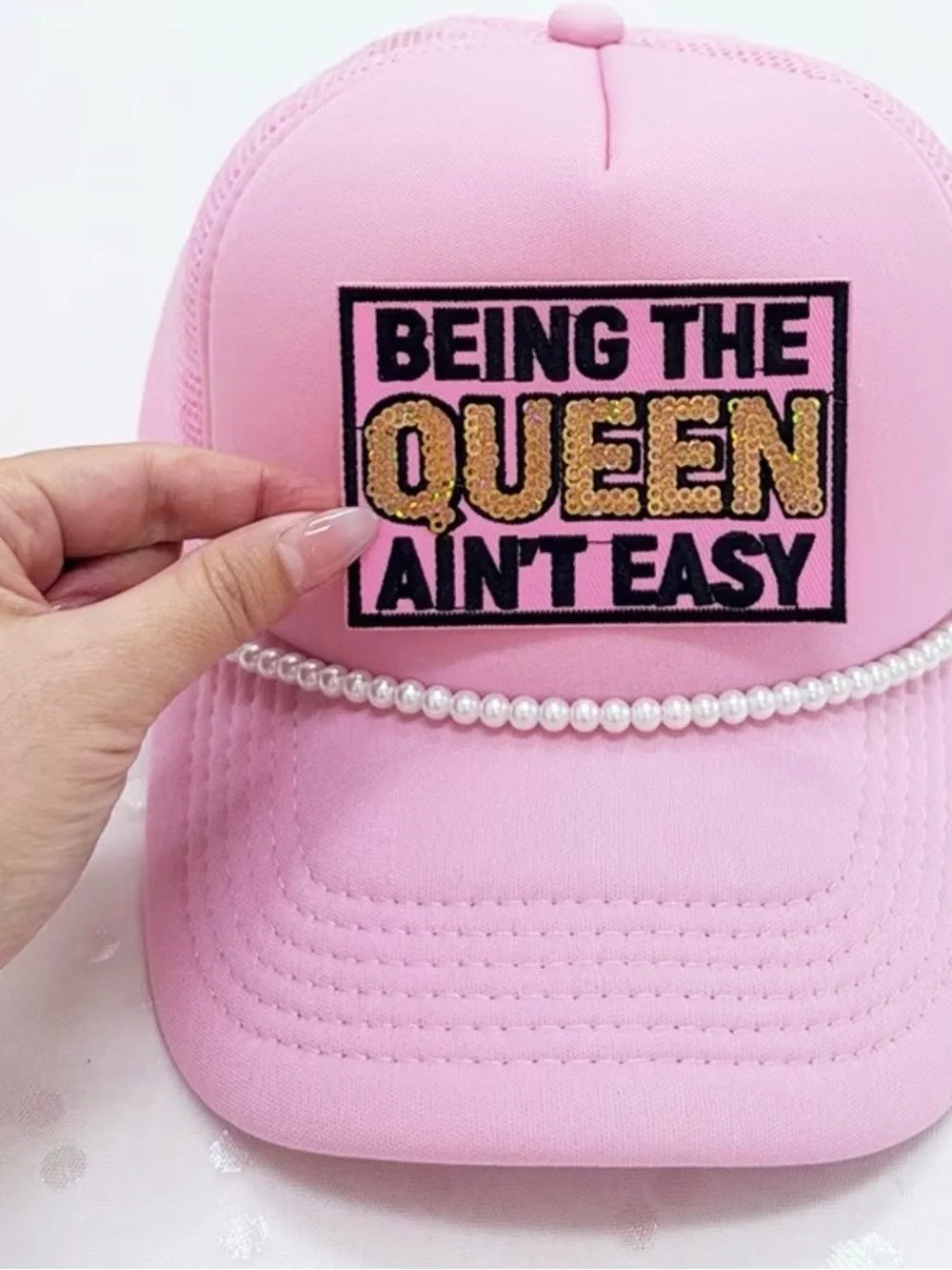 Pink 'Being The Queen Ain't Easy' Sequin Iron on